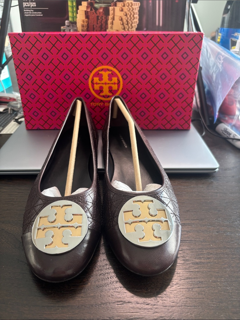 Tory Burch Dark Brown Leather Logo Ballet Flats with Gold Emblem